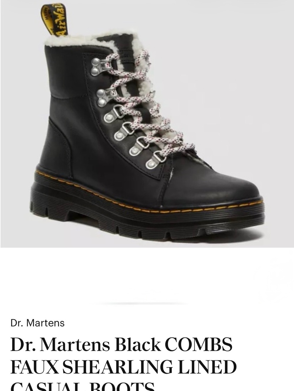 Dr. Martens Black Faux Shearling Lace-Up Combat Boots